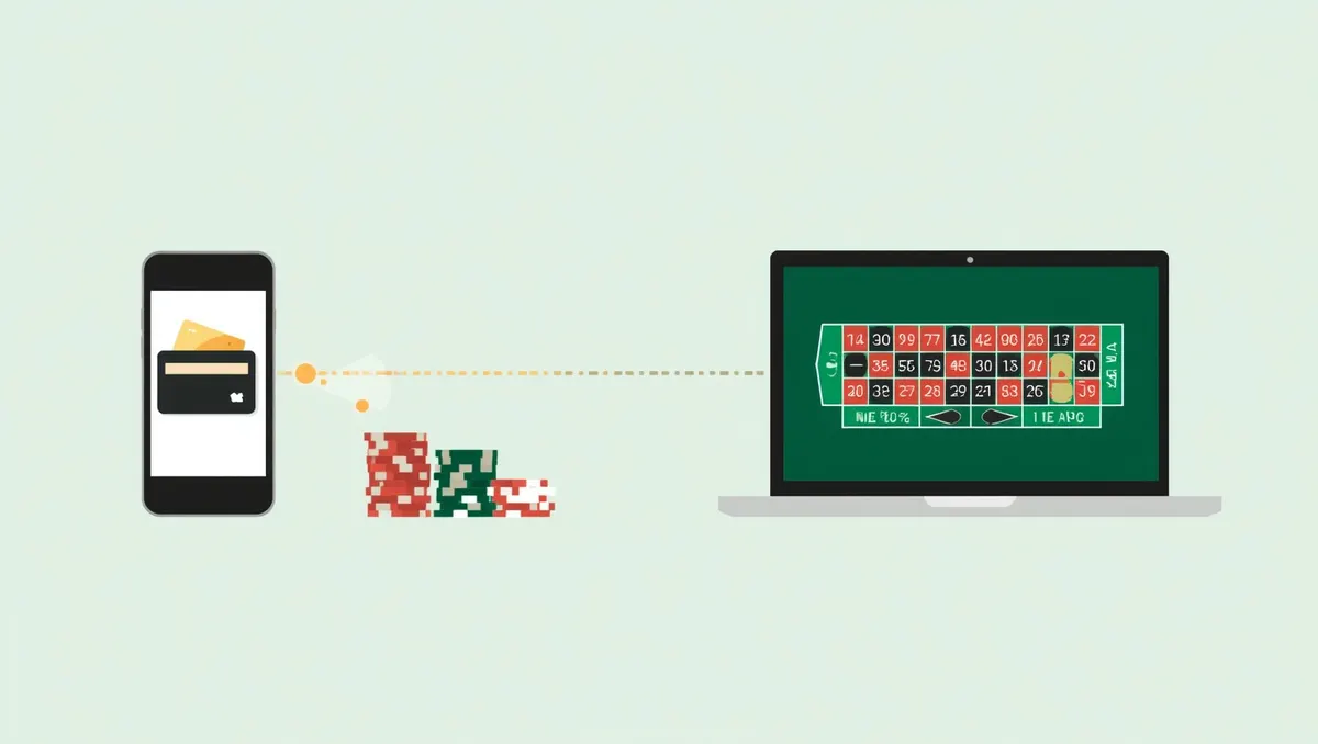 Ilustración: un monedero en el móvil envía fichas por una línea de puntos a una ruleta en un portátil