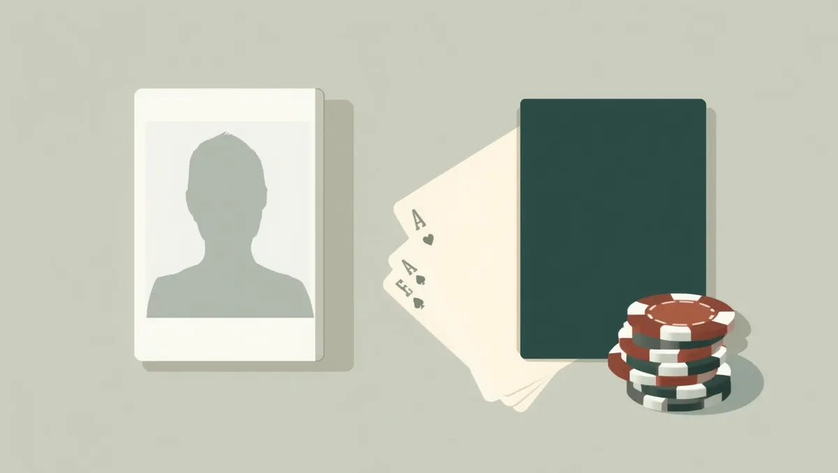Ilustración: un documento de identidad sin datos y un pasaporte cerrado junto a cartas y fichas de casino