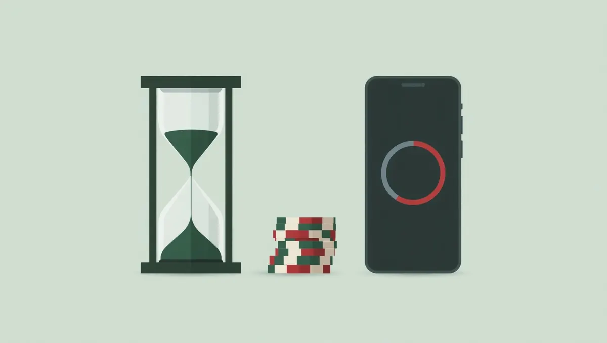 Ilustración: un reloj de arena junto a una pila de fichas y un móvil con un temporizador
