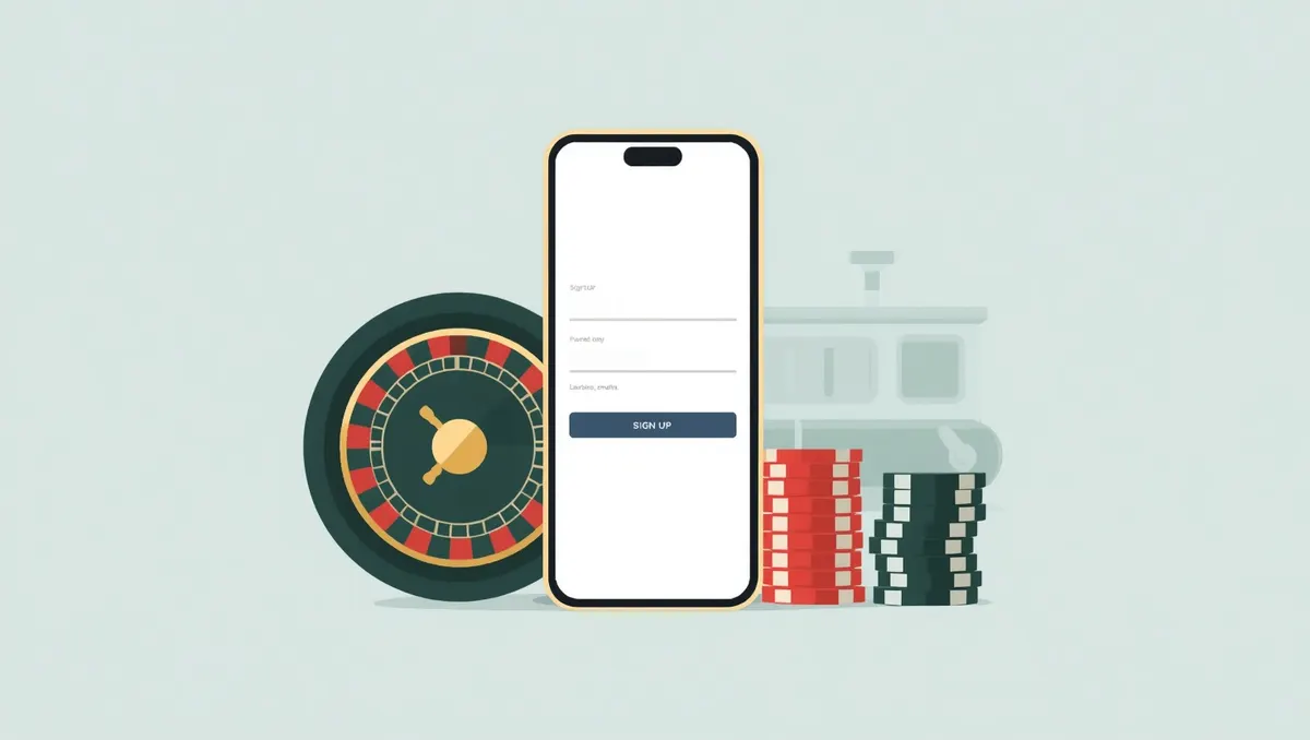 Ilustración: un móvil con un formulario de registro de casino junto a una ruleta y una pila de fichas