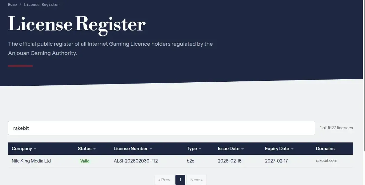 Registro público de Anjouan filtrado por Rakebit con una licencia válida