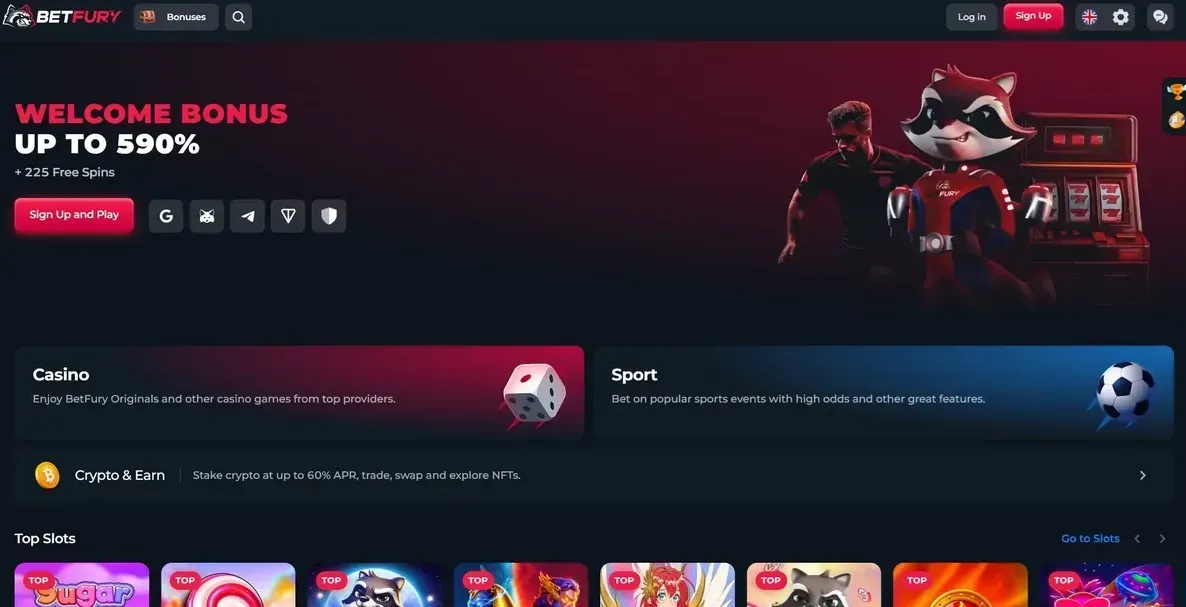 BetFury front page offering a welcome bonus of up to 590 per cent