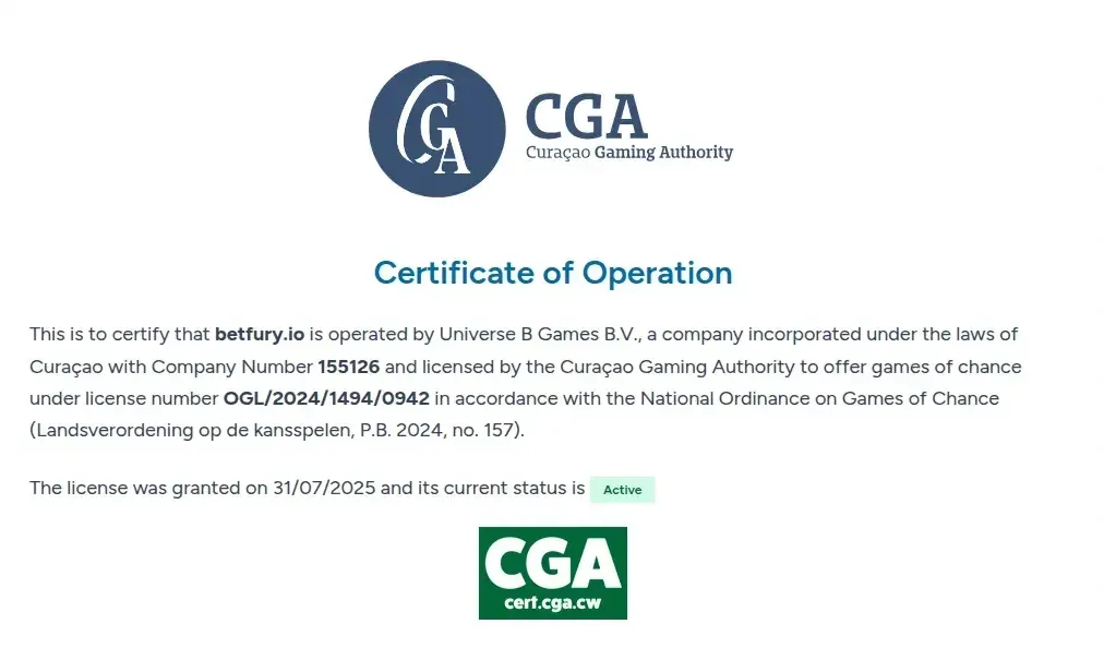 Certificado de la Curaçao Gaming Authority para betfury.io con estado Active
