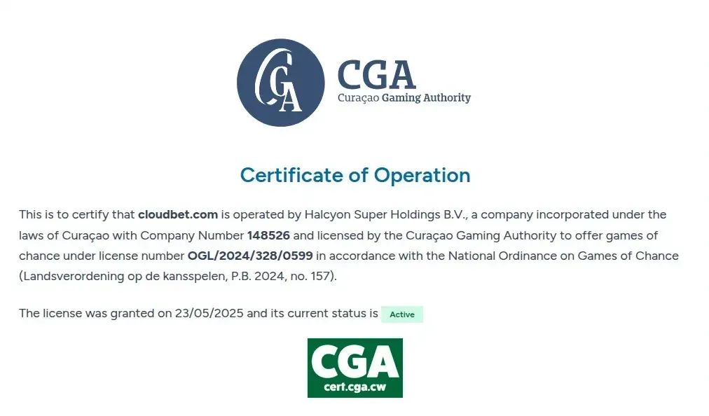 Certificado de la Curaçao Gaming Authority para cloudbet.com con estado Active