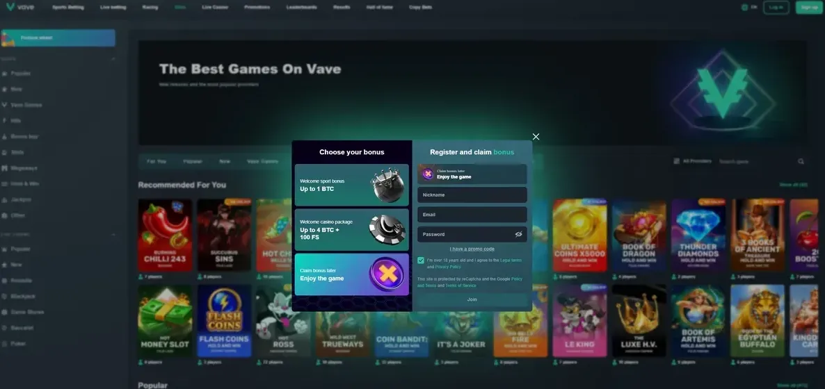 Lobby de Vave con el formulario de registro abierto